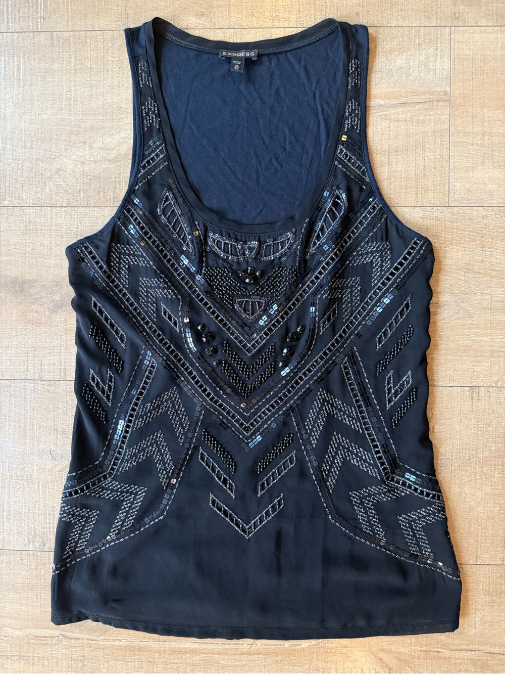 Express Women’s Black Beaded Tank Top 2010s medium lined going out glam